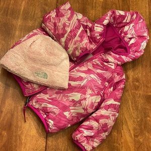 Pink reversible down jacket & hat